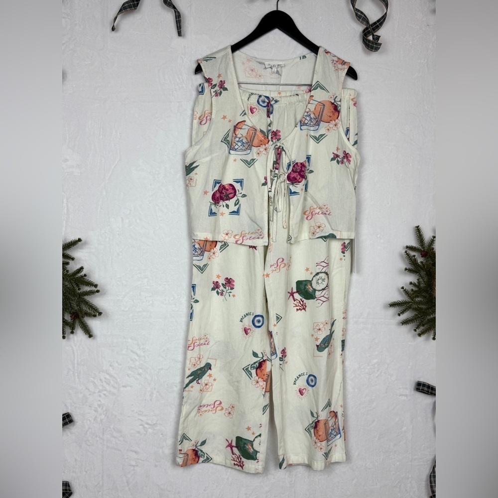 Cali 1850 Rayon Blend Casual Floral Fruit/Pants Top Set Size Large